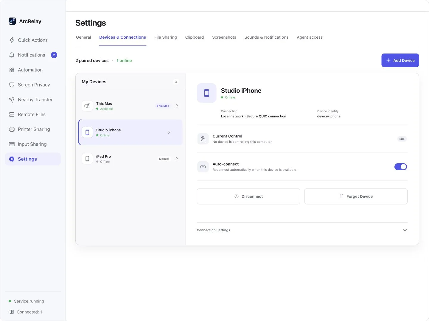 Suite Devices & Connections: identity, online status and automatic reconnection.