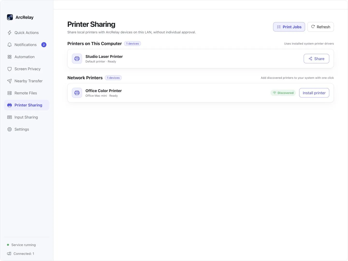 Suite Printer Sharing development preview with example printers. Sharing scope follows the settings in your version.
