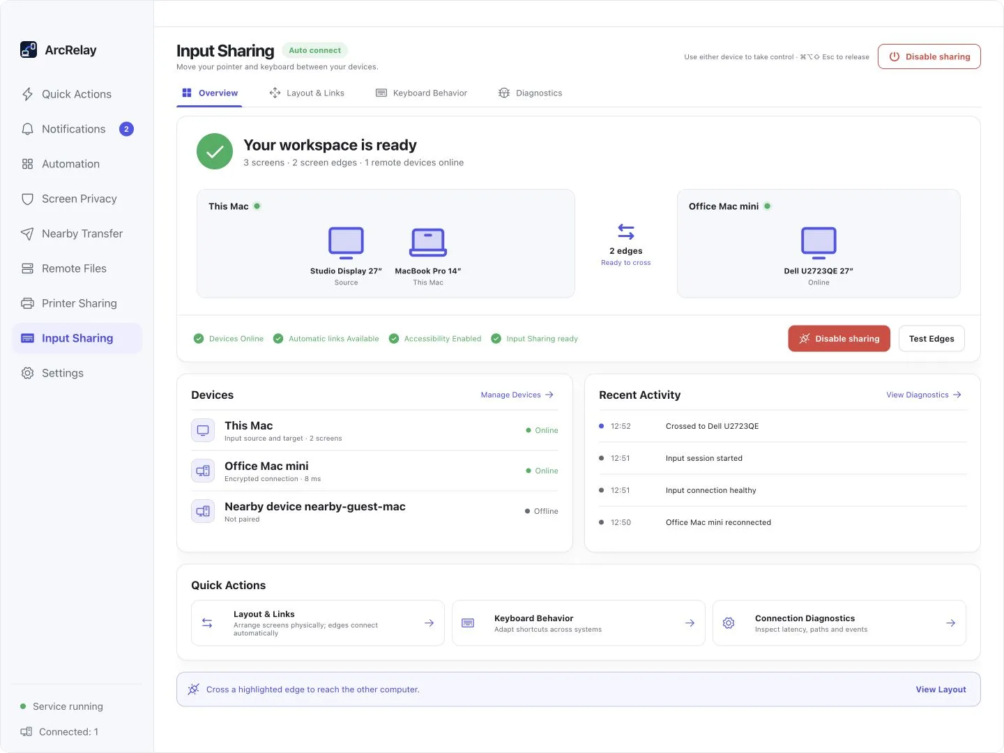 Suite Input Sharing overview: display positions, connection status and recent input activity.